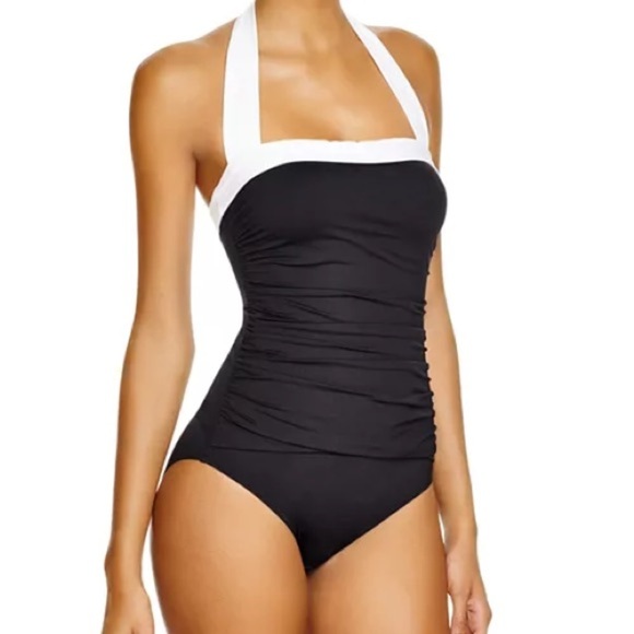 $130 NWT RALPH LAUREN 14 BLACK TIE ONE PIECE SLIMMING BEL AIR SWIMSUIT - Picture 1 of 11